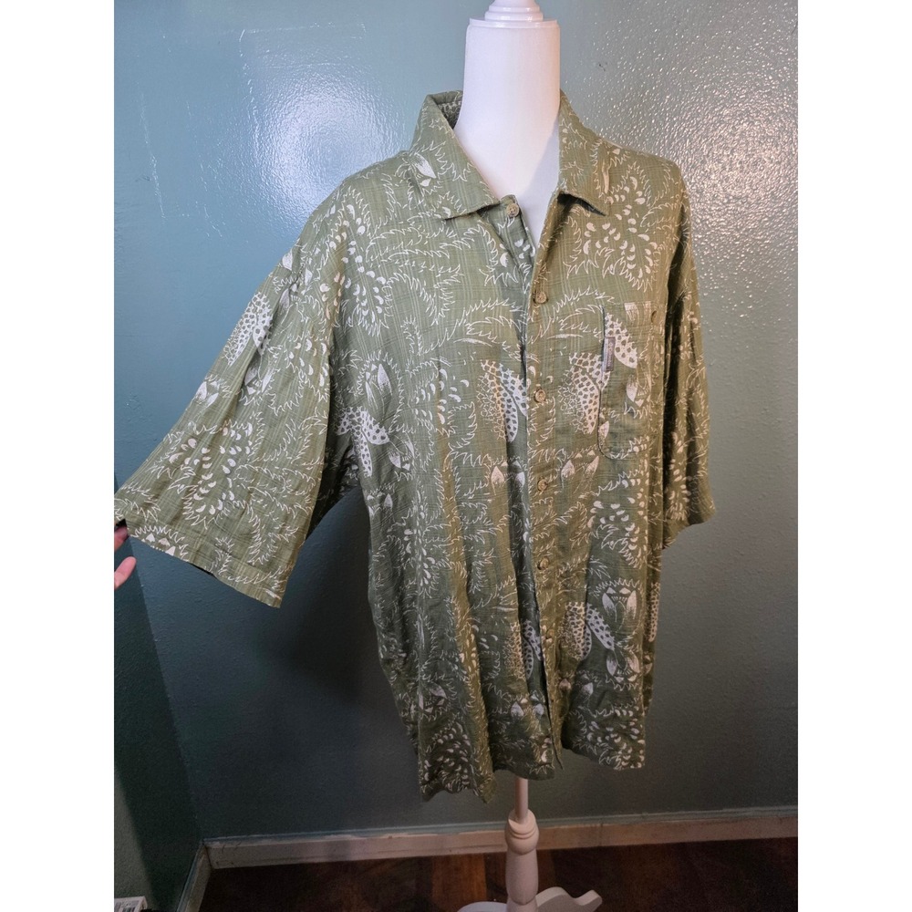 Columbia Sportswear Button Down Shirt Green Tropical Print Mens L W24 L34